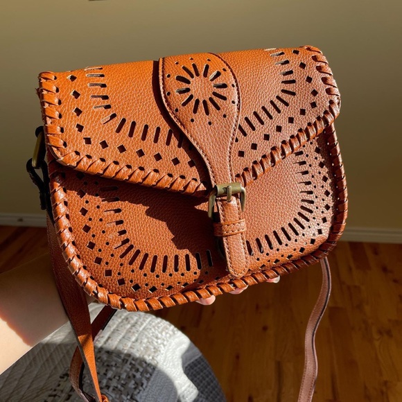 Sole Society Handbags - Sole Society cognac crossbody purse with perforated design on front & flap
